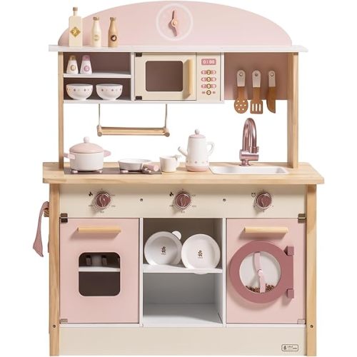 ROBUD Play Kitchen for Kids Toddlers, Wooden Play Kitchen with Realistic Accessories, Toy Kitchen Set with Plenty of Play Features, Modern Style Toy Kitchen for Girls & Boys, Gift for Ages 3+, Pink