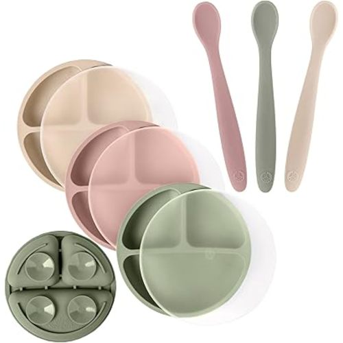 WeeSprout 3 Suction Plates with Lids & 3 Soft-Tip Spoons Bundle - Complete Mealtime Set - Silicone Baby Dinnerware - Divided Toddler Plates - Microwave & Dishwasher Safe