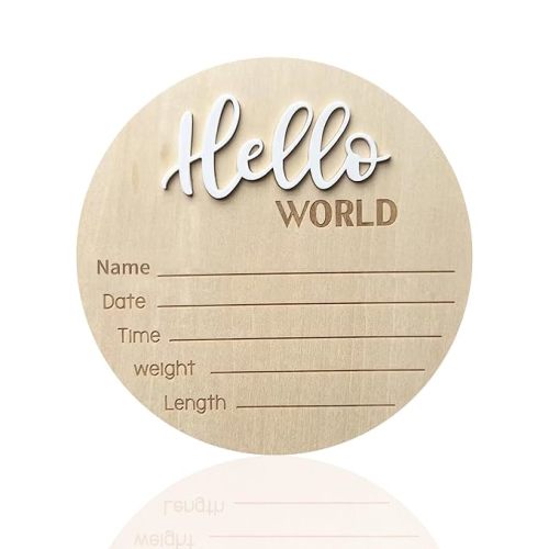 Baby Announcement Sign, 5.9 Inch Wooden Hello World Newborn Signs, Birth Announcement Sign, Baby Shower Hospital Nursery for Newborn Boys and Girls (White)