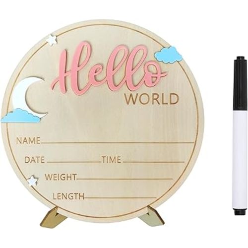Baby Announcement Sign, ​5.9 Inch Wooden Hello World Newborn Signs, Birth Announcement Sign, Quiet Night Crescent Stars Decoration, Welcome Newborn Arrival To World, Hospital Nursery for Baby (Pink)