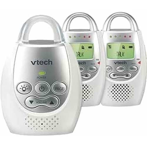 VTech DM221-2 Audio Baby Monitor with up to 1,000 ft of Range, Vibrating Sound-Alert, Talk Back Intercom, Night Light Loop & Two Parent Units, White