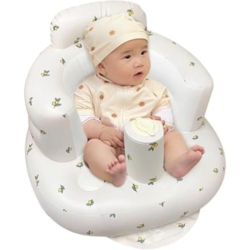 Inflatable Baby Seat for Babies 3-36 Months, Inflatable Baby Chair for Learning to Sit, Summer Floating Seat with Built in Air Pump, Blow Up Baby Chair for Home or Camping (Olive Flower)