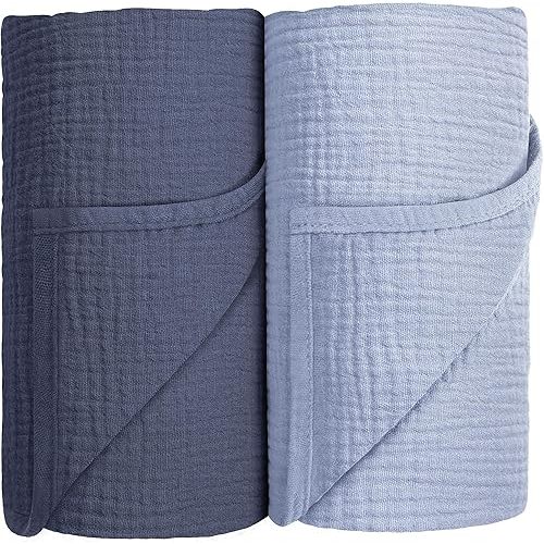 Susurration Muslin Swaddle Blankets 100% Cotton Baby Swaddle Blankets 40x40in (Blue), QBJ-1