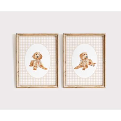 Golden Doodle Nursery Print Set, Watercolor Dog Print, Neutral Nursery, Boy Gingham Wall Print, Tan Beige Bow Art, Girl Doodle Nursery Decor