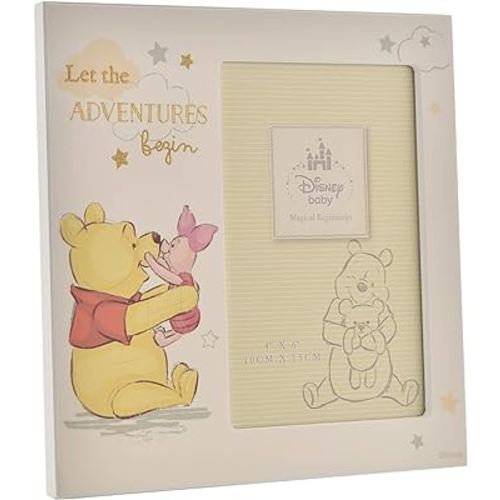 Happy Homewares Magical Beginnings Let The Adventures Begin 4" x 6" Winnie The Pooh and Piglet Photo Frame - for Children, New-Born Baby or Baby Shower - Officially Licensed