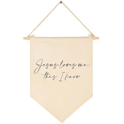 Jesus Loves Me This I Know-Scripture Pennant Flag Sign Gift for Baby Boys Girls Kids-Christian Bible Verses-Canvas Hanging Pennant Banner Wall Decor Gift for Nursery Baby Room Homeschool Playroom