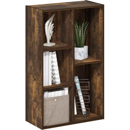 Furinno LUDER Book Shelf, 5-Cube Bookshelf, Reversible Bookcase, 9.4 x 19.5 x 31.5, Easy Assembly, for Living Room, Bedroom, Home Office, Amber Pine