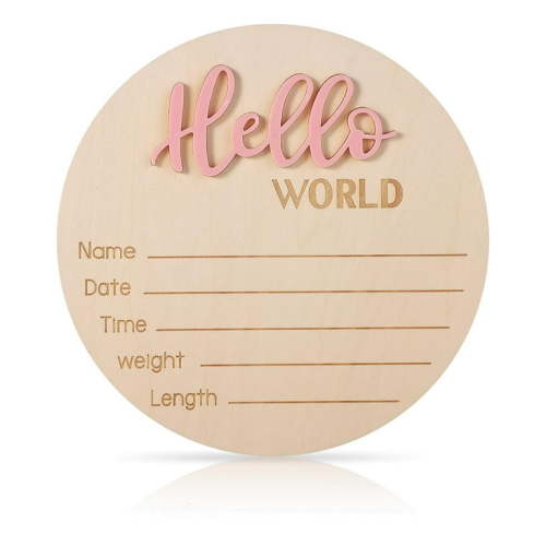 LZLINGMEI Announcement Sign, 5.9in Wooden Hello World Sign Baby Welcome Sign Birth Baby Name Plaques for Newborn Boys and Girls Photo Props Baby Shower Hospital