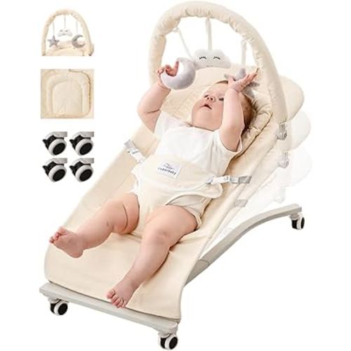 CuddoBaby Baby Bouncer with Lockable Wheels, Soft Head Cushion, Hanging Dolls for Hand-Eye Coordination, 100% Cotton Seat, 3-Level Recline, Foldable for Newborn to Toddler, 0-12 Months – Beige
