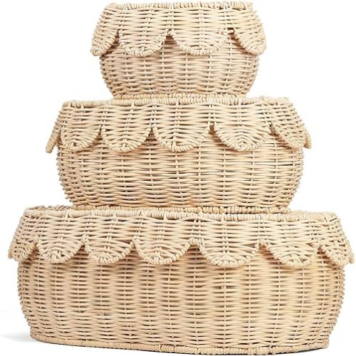 3 Pcs Small Scalloped Basket, Hand Woven Rattan Basket Set Round Wicker Basket with Lid 16 x 11 x 6 In Wicker Storage Basket for Storage Nursery, Baby, Clothes, Toys Bathroom Decor (S+M+L)