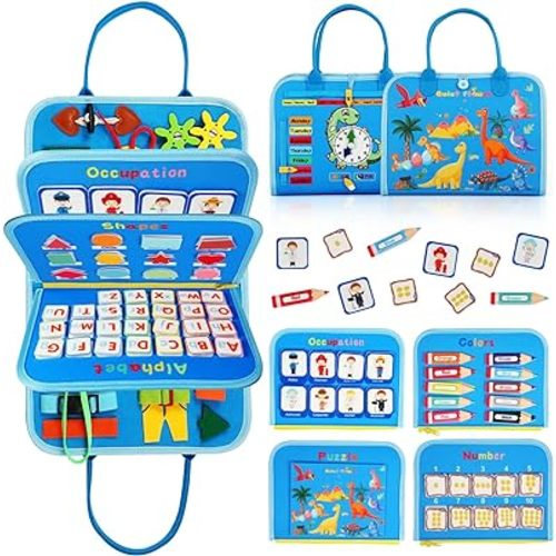 Toddler Busy Board for 1 Years Old, Montessori Learning Toys Busy Book for Toddlers 1-3 Educational Activity Basic Dress Motor Skills, Kids Birthday Gift for 2-4 Boy Airplane Car Travel Essentials
