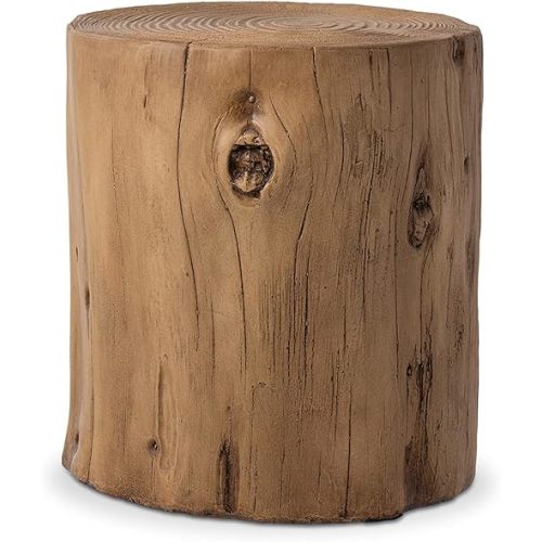 COSIEST Outdoor End Table Light Oak Colored Faux Wood, Hand-Painted Wood Stump Stool, Ottoman or Plant Stand, Deck or Garden