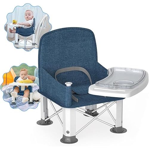 Baby Travel Booster Seat with Double Tray, BabyBond Upgraded Toddler Portable Baby Chair, Booster Seat for Dining Table, Stable and Foldable Booster Baby Chair for Indoor/Outdoor use (Denim Blue)