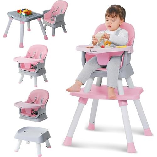 Baby High Chair,8 in 1 High Chairs for Babies and Toddlers,Convertible High Chair for Baby, Kids Learning Table,Building Block Table,Kids Stool Table Chair Set with Removable Tray(Pink)