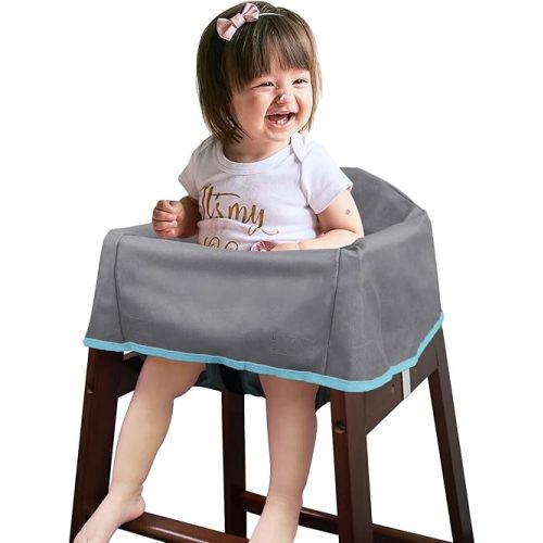 Dual-Belt Baby High Chair Cover, Upgrade Version, for Wooden or Restaurant High Chair, Sturdy and Robust Material, Waterproof Washable Stain and Slip Resistant, Gray