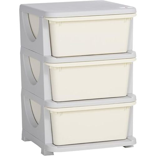 Qaba 3 Tier Kids Storage Unit, 3 Drawer Chest Toy Organizer Plastic Bins for Kids Bedroom Nursery Kindergarten Living Room for Boys Girls Toddlers, Cream White