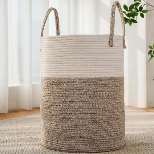Laundry Basket, Woven Cotton Rope Laundry Hamper, Decor Storage of Dirty Clothes, Toys and Blankets in Bathroom, Baby Room and Living Room