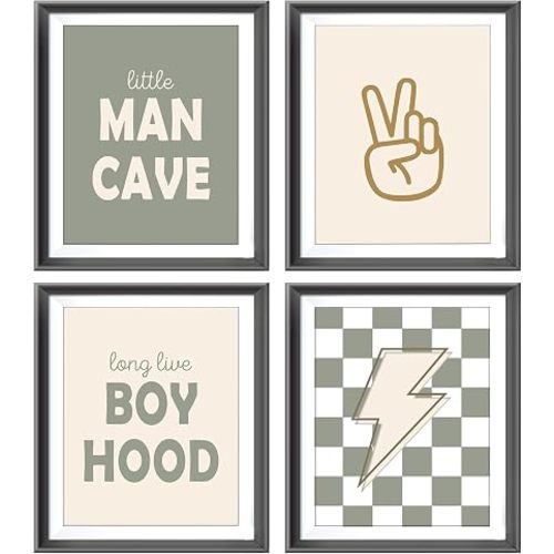 Little Man Cave Retro Preppy Checkered Lightning Peace Sign Long Live Boyhood Poster Prints for Boy Teen Room Dorm Decor,Preppy Decorations Prints Wall Art Unframed 4pcs 8x10inches,Teen Boys Gifts