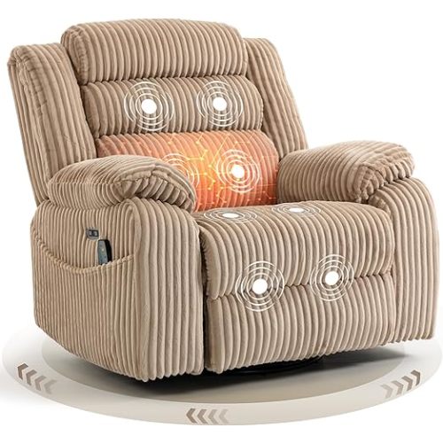 Power Swivel Rocker Recliner Chair for Adults with Vibration and Heat, USB and Type-C Charging Port, Infinite Position, Electric Glider Rocking Chairs for Living Room, Nursery, Light Camel