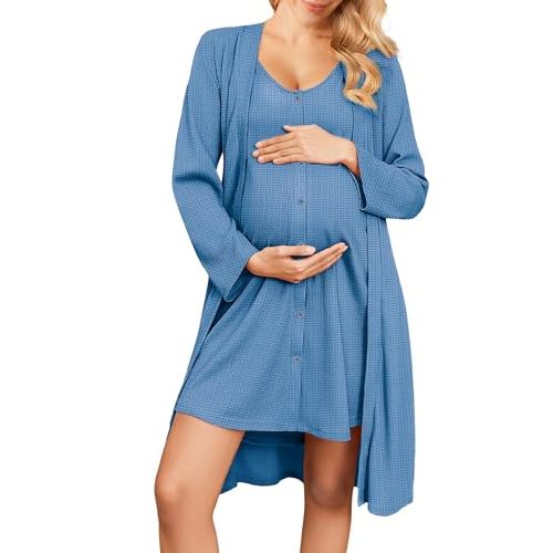 Ekouaer Maternity Nursing Gown and Robe Set 2 Piece Waffle Breastfeeding Nightgown 3 in 1 Labor and Delivery Hospital Gown