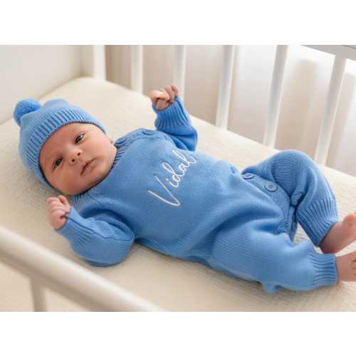 Personalized Embroidered Baby Romper Set: Newborn Cotton Knit Bodysuit & Hat