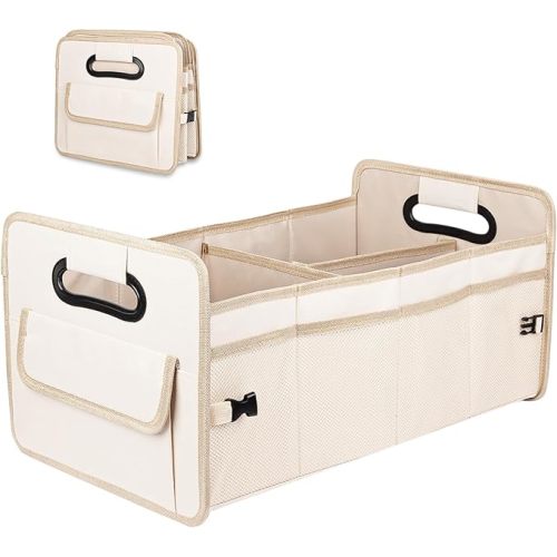 Car Trunk Organizer, Collapsible Car Organizers and Storage Large Beige | Sturdy, Strong Capacity, Clean Decor, Multi Compartment Container Box, Adjustable Car Accessories for SUV Sedan Truck