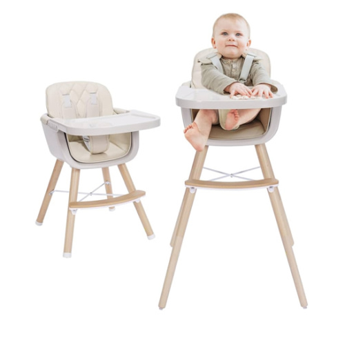 3-in-1 Convertible Wooden High Chair, High Chairs for Babies and Toddlers, Baby High Chair with Adjustable Legs & Dishwasher Safe Tray, Made of Sleek Hardwood & Premium Leatherette, Beige Color