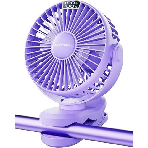 SWEETFULL Portable Clip on Fan - Battery Operated Stroller Fan, 4000mAh Small Rechargeable Fans with LED Display, 4 Speeds, Mini Personal Cooling Desk Cooler for Golf Cart Travel Camping Gym (Purple)