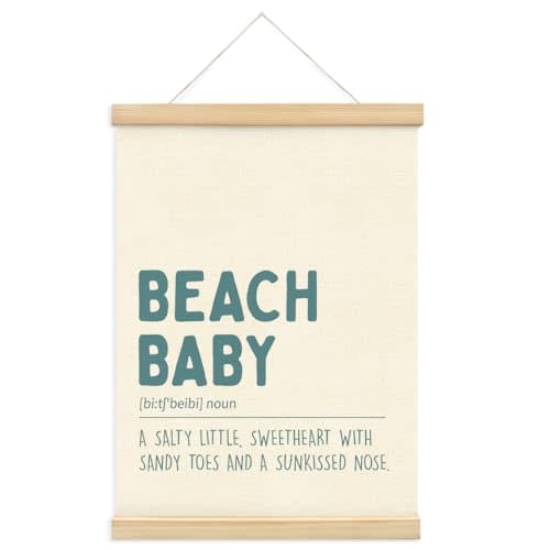 PLKMN Beach Baby Coastal Nursery Wall Art with Wooden Poster Hanger, Coastal Beach Wall Decor for Nursery Toddler Kids Room Bedroom Playroom, Baby Boy Nursery Decor, 12x16 Inch