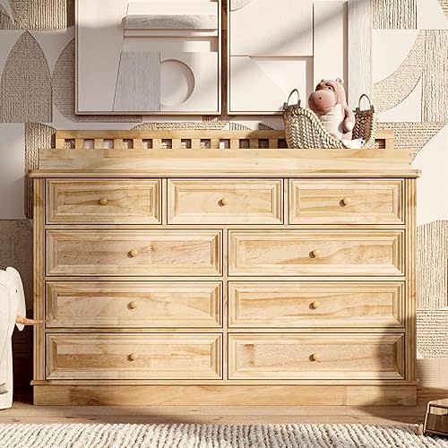 Homsee Baby Changing Table Dresser, 100% Solid Wood Infant Diaper Changing Station Combo, 9-Drawer Baby Nursery Dresser with Removable Tray for Children's Room Bedroom, Nature Color 55.1" W