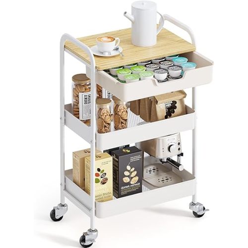 TOOLF 3-Tier Metal Utility Rolling Cart with Drawer and Wooden Table Top, Storage Cart White Trolley Kitchen Organizer Rolling Desk with Locking Wheels for Office, Classroom, Home, Bedroom