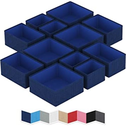 NEATERIZE Drawer Organizer For Clothing (Set Of 12) - Closet Organizer and Storage Divider Baskets For Clothes Dresser, Makeup, Bathroom | Organize Underwear, Socks, Bra, & Tie’s (Navy)