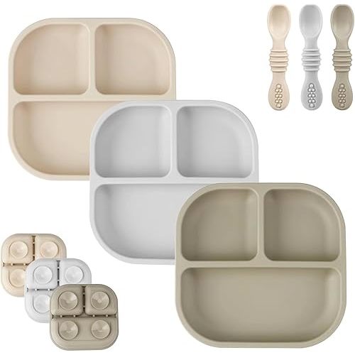 PandaEar Suction Plates for Baby, 3 Pack Silicone Plates & Spoons for Baby Toddlers Infant Kids, Divided Toddler Suction Plate Baby Dish Set, Non-Slip Non-Toxic, BPA Free (Creamy Grey Brown)