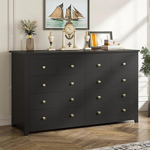 EnHomee 10 Drawers Wood Dresser for Bedroom, Large Dressers & Chests for Bedroom,Modern Black Dresser for Clothes and Office Supplies, Multifunctional as TV Stand, Entryway Organizer Storage Cabinet