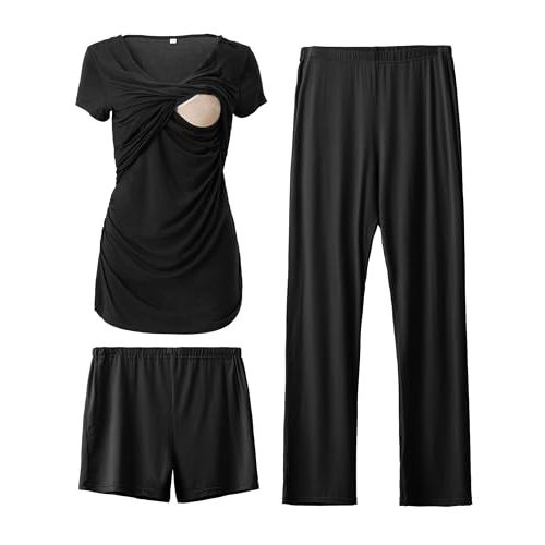 SUNNYBUY Women's Maternity Postpartum Pajamas Set, Breastfeeding Tops,Adjustable Pregnancy Shorts & Pants 3 Piece Nursing PJS