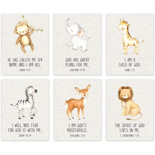 Andaz Press Christian Bible Verses Quotes Nursery Kids Room Unframed Hanging Wall Art Poster Home Decor, 8.5x11-inch, Jungle Safari Animals Theme, Burlap, 6-Pack, No Frames