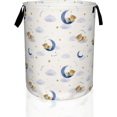 Teddy Bear on the Moon Laundry Basket,Cute Laundry Hamper,Collapsible Organizer Basket for Storage Bin Toy Bins, Dirty Clothes Laundry Basket for Living Room/Bathroom/Bedroom