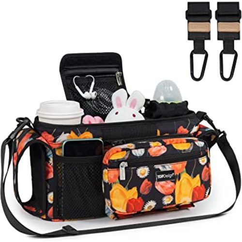 TOPDesign Universal Baby Stroller Organizer, Stroller Caddy with Heightened Insulated Cup Holders & Non-Slip Secure Hooks Accessories, Fits Most Strollers, Machine Washable (Tulip)