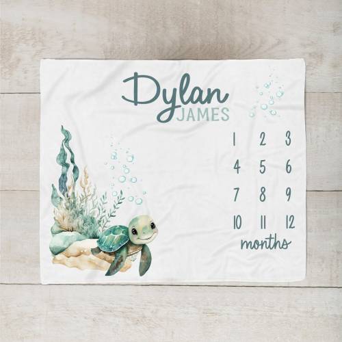 Sea Turtle Milestone Blanket Boy, Personalized Baby Boy Blanket, Ocean Animal baby Month Blanket, Turtle Blanket, Baby Shower Gift SM561