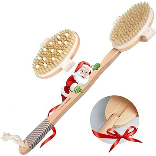 Dry Brushing Body Brush, POPCHOSE Body Scrubber for Men Women, Back Scrubber for Shower, Natural Bristle Exfoliator Scrubber for Body Cellulite and Lymphatic, Long Handle, Detachable, Dual Brush Heads