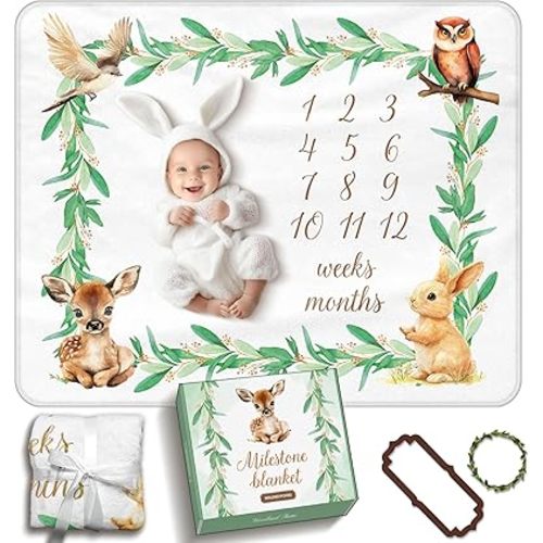 Baby Milestone Blanket Woodland, 50" x 40" Thick Soft Flannel, Gender Neutral, Includes 2 Custom Shaped Markers, Premium Gift Box, Ideal for Monthly Baby Photos and Keepsake Gift