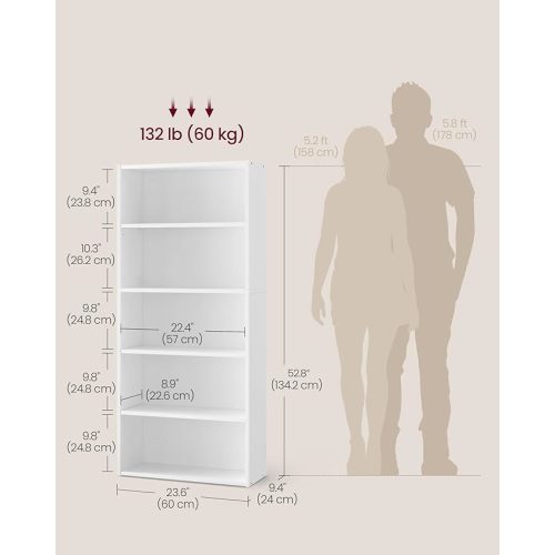 VASAGLE CUSTOS Collection - Bookshelf, 5-Tier Bookcase, Book Shelf, Open Storage Shelf, 9.4 x 23.6 x 52.8 Inches, for Living Room, Home Office, Dinning Room, Cloud White ULBC165T14