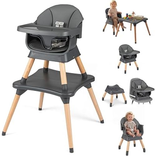 HONEY JOY 9-in-1 Baby High Chair, Convertible Wood Highchair for Babies and Toddlers/Dining Booster Seat/Table & Chair Set, Toddler Stool w/5-Point Safety Harness, Removable Cushion & Tray (Dark Gray)
