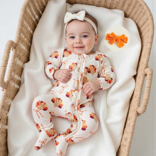 SONGGE Toddler Baby Girl Thanksgiving Outfit Sets Turkey Print Zip Up O-Neck Romper With Headband Bodysuit Back To School Breathable Clothes Sets