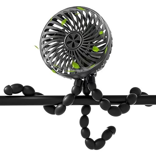 RUN HELIX Stroller Fan Portable with Flexible Tripod Battery Operated Handheld Fan Mini with 3 Speeds USB Rechargeable Baby Fan for Stroller,Car Seat,Desk - Black