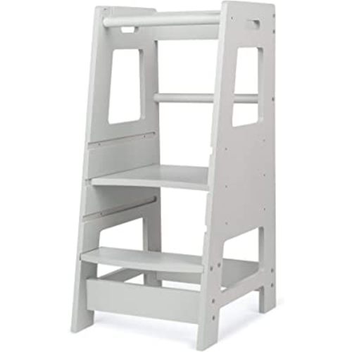 KidzWerks Child Standing Tower Kids Kitchen Step Stool Toddler Wood Stepping Stool, Children's Counter Height Learning Stools, Adjustable Platform, Gray