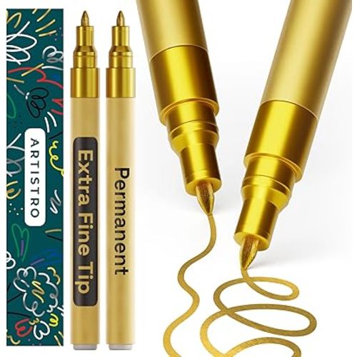 ARTISTRO 2 Gold Permanent Marker - Waterproof Markers for Tire, Fabric, Rocks, Glass, Ceramic, Wood, Paper - Oil Based Paint Pens - Extra-Fine Tip 0.7mm
