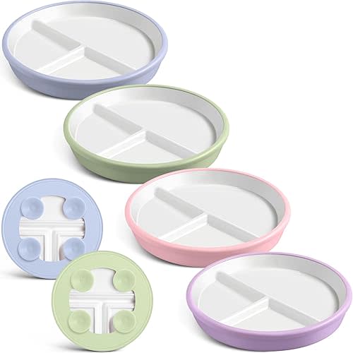 Domensi Porcelain Plates with Anti-slip Silicone Sleeve, White Porcelain Plates, Divided Plates with Suction for Kids/Toddler Microwave & Dishwasher Friendly(Blue, Green, Purple, Pink,4 Pcs)