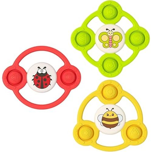 3PCS Suction Cup Spinner Toys for 1 Year Old Boy Girl, Novelty Spinning Baby Bath Toys 12-18 Months, Silicone Spinners Sensory Toys for Toddlers 1-3, Airplane Car Travel Table & Window Toy for Infant