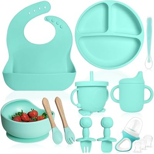 Bluet B- Silicone Baby Feeding Set with Pacifier - Baby Led Weaning Supplies - Baby Spoons, Suction Bowl - Plate - Baby Utensils Set - Silicone Feeding Set for Baby First Foods - 11pcs - Green